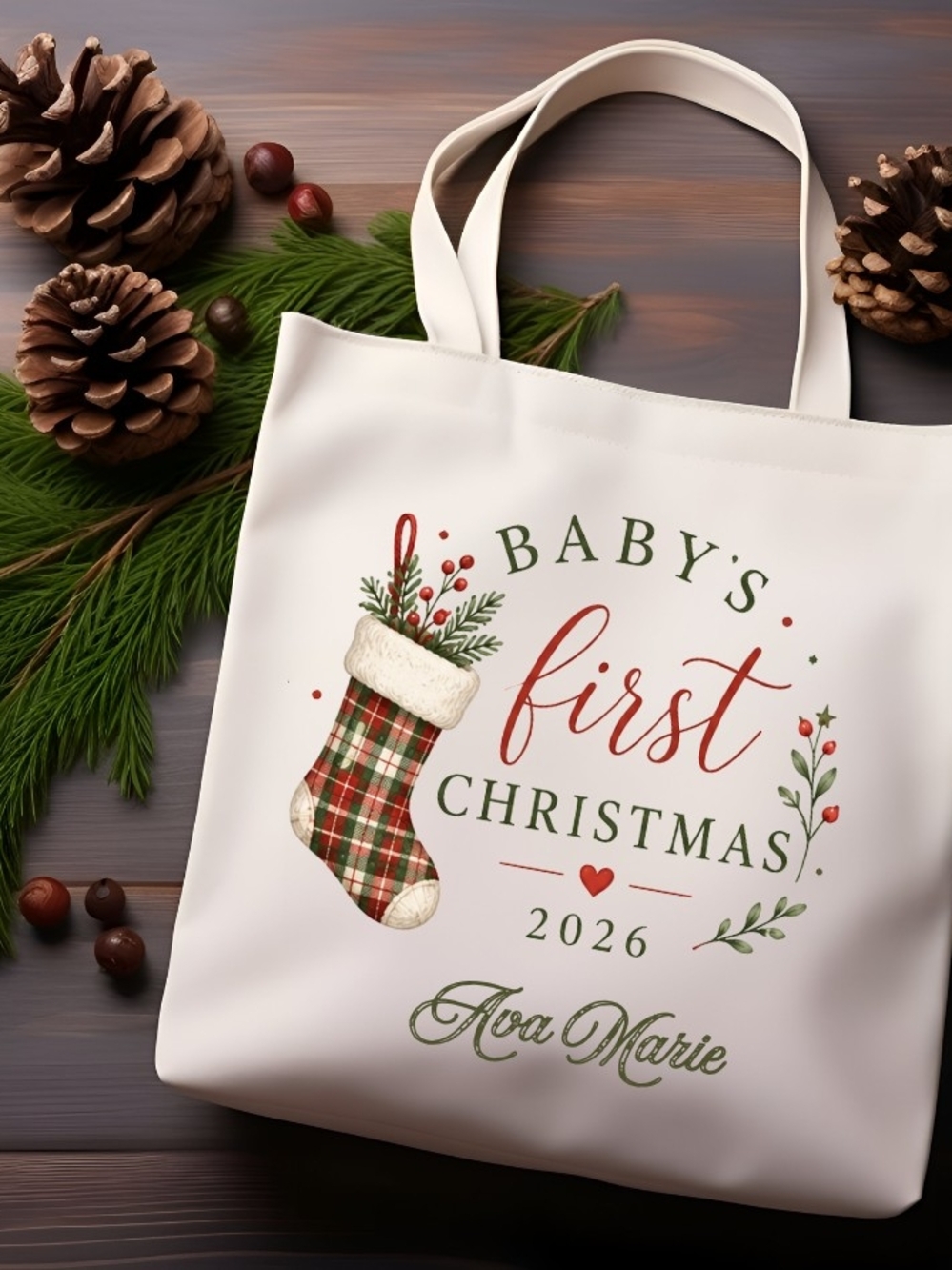 Personalized Baby's First Christmas Tote Bag - Cream
